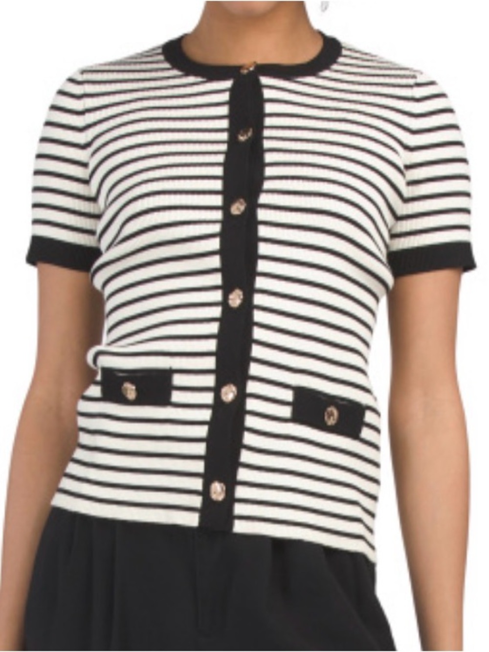 NEW Magaschoni Black & White Striped Short-Sleeve button down Cardigan M